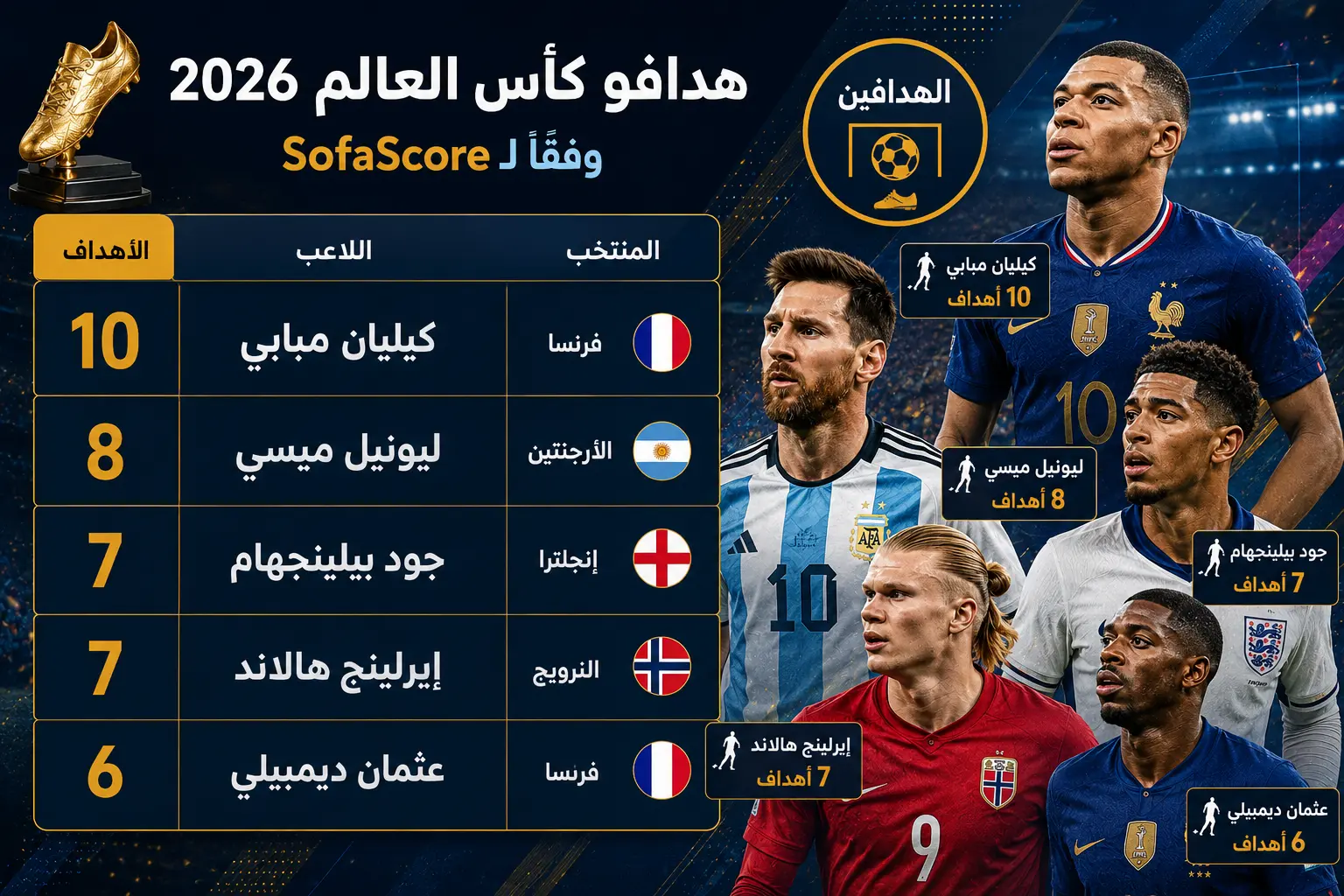 إنفوجرافيك يوضح قائمة هدافي كأس العالم 2026 وفقًا لإحصائيات SofaScore، ويضم كيليان مبابي وليونيل ميسي وإيرلينج هالاند وجود بيلينجهام وعثمان ديمبيلي مع عدد الأهداف التي سجلها كل لاعب خلال البطولة إحصائيات كأس العالم 2026.