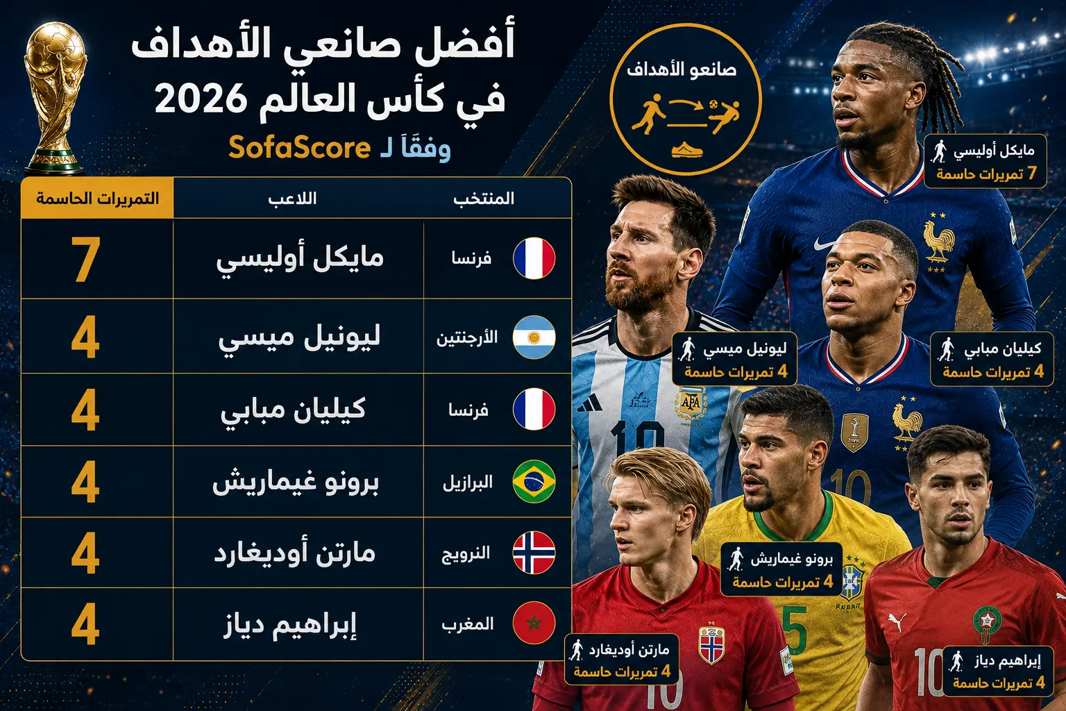 إنفوجرافيك يعرض قائمة أفضل صانعي الأهداف في كأس العالم 2026 وفقًا لإحصائيات SofaScore، ويضم مايكل أوليسي وليونيل ميسي وكيليان مبابي وبرونو غيماريش ومارتن أوديغارد وإبراهيم دياز مع عدد التمريرات الحاسمة لكل لاعب خلال البطولة.