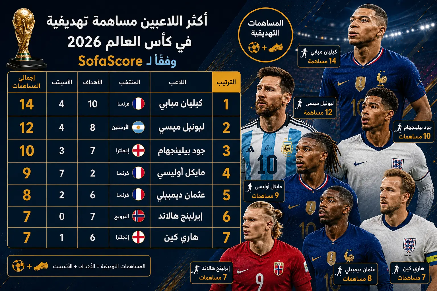 إنفوجرافيك يعرض أكثر اللاعبين مساهمةً تهديفية في كأس العالم 2026 وفقًا لإحصائيات SofaScore، ويشمل كيليان مبابي وليونيل ميسي ومايكل أوليسي وجود بيلينجهام وعثمان ديمبيلي وإيرلينج هالاند وهاري كين، مع عدد الأهداف والتمريرات الحاسمة وإجمالي المساهمات التهديفية لكل لاعب خلال البطولة.