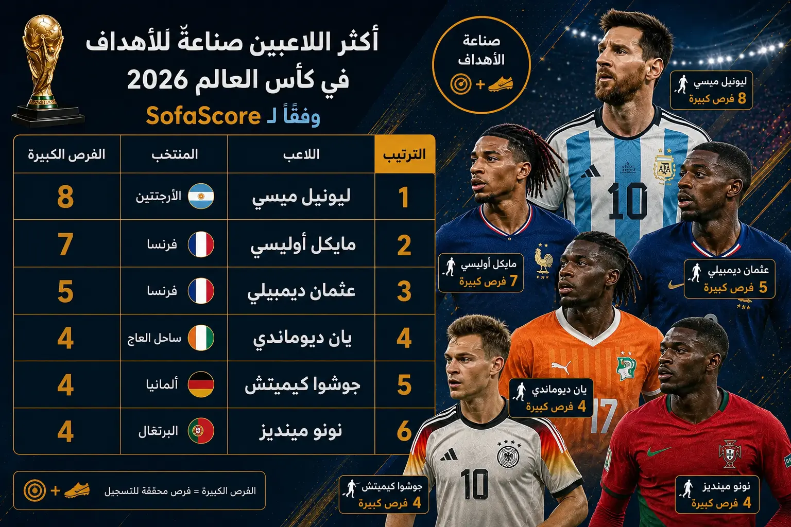 إنفوجرافيك رياضي يعرض قائمة أكثر اللاعبين صناعةً للفرص الكبيرة في كأس العالم 2026 وفقًا لـ SofaScore، يتصدرها ليونيل ميسي بـ8 فرص، يليه مايكل أوليسي بـ7، ثم عثمان ديمبيلي بـ5، بينما يتساوى كل من يان ديوماندي وجوشوا كيميتش ونونو مينديز بـ4 فرص لكل منهم، مع تصميم داكن وخلفية ملعب ولاعبين بارزين على الجانب.