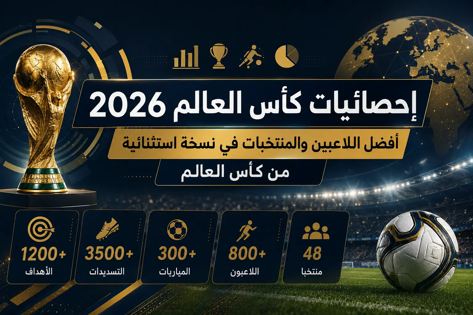 تصميم إنفوجرافيك داكن بأسلوب حديث يعرض عنوان "إحصائيات كأس العالم 2026" مع عناصر بصرية ذهبية وخلفية مستوحاة من الملاعب، يتوسطه كأس البطولة وأيقونات إحصائية توضح أبرز أرقام البطولة مثل عدد الأهداف والتسديدات والمباريات والمنتخبات المشاركة.
