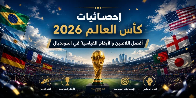 صورة بانورامية لملعب كرة قدم ممتلئ بالجماهير مع أعلام منتخبات مختلفة تحيط بالمشهد، يتوسطها كأس العالم بتصميم ذهبي لامع، مع عنوان بارز عن إحصائيات مونديال 2026 وأيقونات تمثل الأداء الهجومي والدفاعي وأفضل اللاعبين والأرقام القياسية.