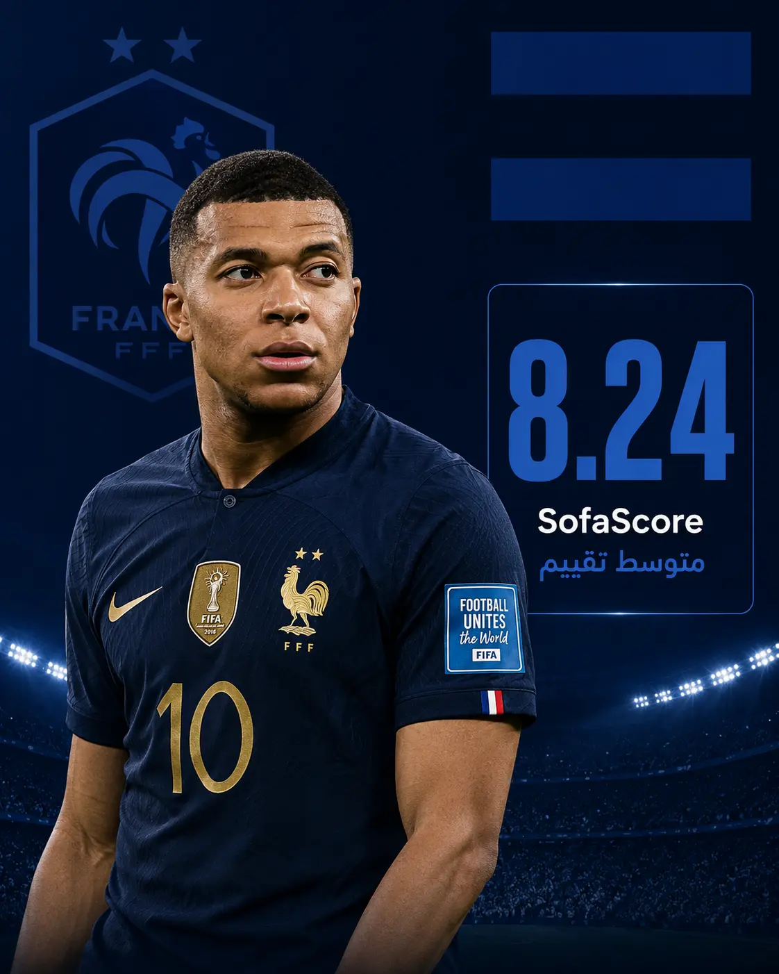 تصميم إنفوجرافيك للاعب فرنسي بقميص منتخب فرنسا باللون الأزرق الداكن داخل ملعب مضاء، يعرض متوسط تقييمه 8.24 وفقًا لـ SofaScore، مع إبراز دوره الهجومي المميز وسرعته وقدرته على التسجيل خلال كأس العالم 2026.