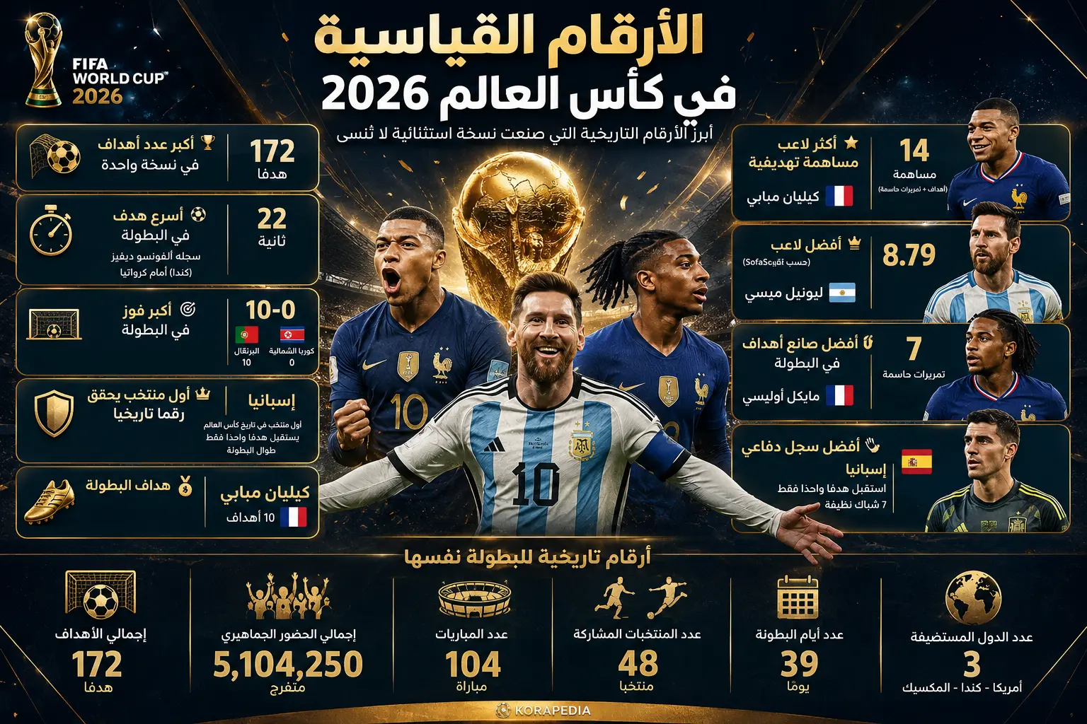 إنفوجرافيك يستعرض أبرز الأرقام القياسية في كأس العالم 2026، ويتضمن تتويج كيليان مبابي بالحذاء الذهبي برصيد 10 أهداف، وتصدره قائمة الأكثر مساهمة تهديفية بـ14 مساهمة، وتصدر ليونيل ميسي قائمة أعلى تقييم وفق SofaScore، واعتلاء مايكل أوليسي صدارة صناع الأهداف بـ7 تمريرات حاسمة، إلى جانب الرقم الدفاعي التاريخي للمنتخب الإسباني باستقبال هدف واحد فقط والحفاظ على 7 شباك نظيفة، مع عرض أبرز الإحصائيات العامة للبطولة.