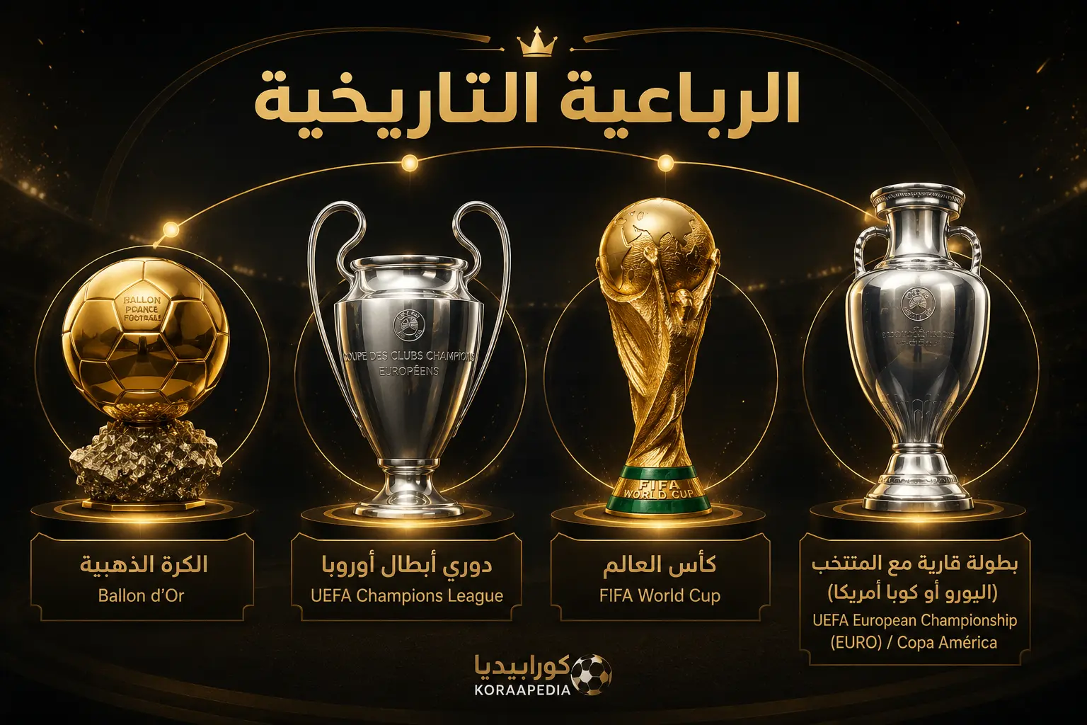 تصميم يوضح الألقاب الأربعة المطلوبة للانضمام إلى نادي النخبة في كرة القدم، وهي الكرة الذهبية، دوري أبطال أوروبا، كأس العالم، والبطولة القارية مع المنتخب.