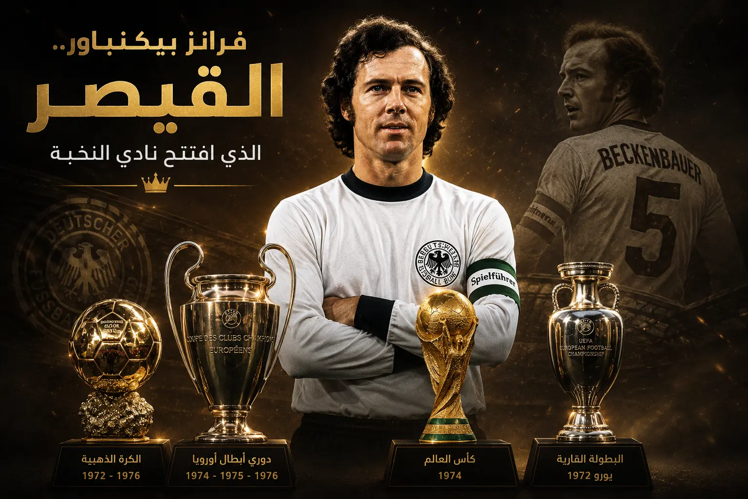 تصميم يجمع فرانز بيكنباور مع الكرة الذهبية وكأس العالم ودوري أبطال أوروبا ويورو 1972، وهي البطولات التي جعلته أول لاعب ينضم إلى نادي النخبة في تاريخ كرة القدم.