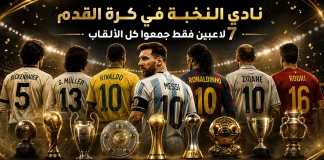 نادي النخبة في كرة القدم | 7 لاعبين فقط جمعوا كل الألقاب تصميم رياضي فاخر يظهر مجموعة من أساطير كرة القدم من الخلف داخل ملعب مضاء، مع عرض أبرز الكؤوس العالمية مثل كأس العالم ودوري الأبطال، في أجواء ذهبية تعكس الإنجازات التاريخية.