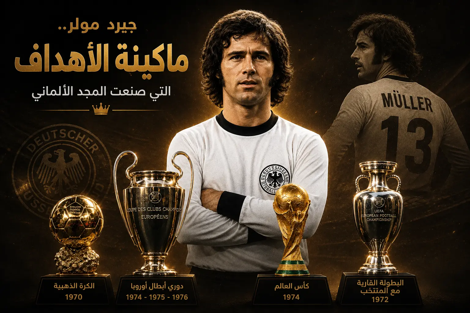 تصميم رياضي فاخر يجمع بين عدة كؤوس كبرى مثل كأس العالم ودوري الأبطال والكرة الذهبية في خلفية سوداء وذهبية، يعبر عن إنجازات اللاعبين الأسطوريين.