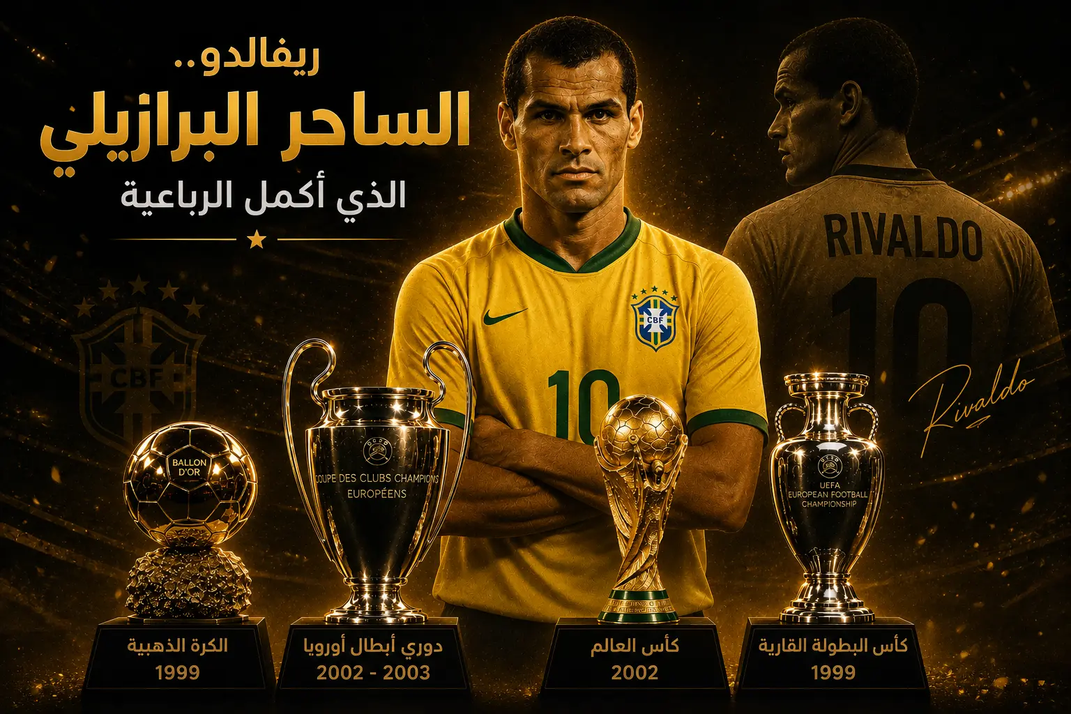 تصميم رياضي فاخر يظهر لاعب كرة قدم بقميص البرازيل في لقطة أمامية وخلفية، محاطًا بأهم الكؤوس: الكرة الذهبية 1999، دوري أبطال أوروبا 2002–2003، كأس العالم 2002، وكأس البطولة القارية 1999، بإضاءة ذهبية وخلفية درامية تعكس إنجازاته التاريخية.