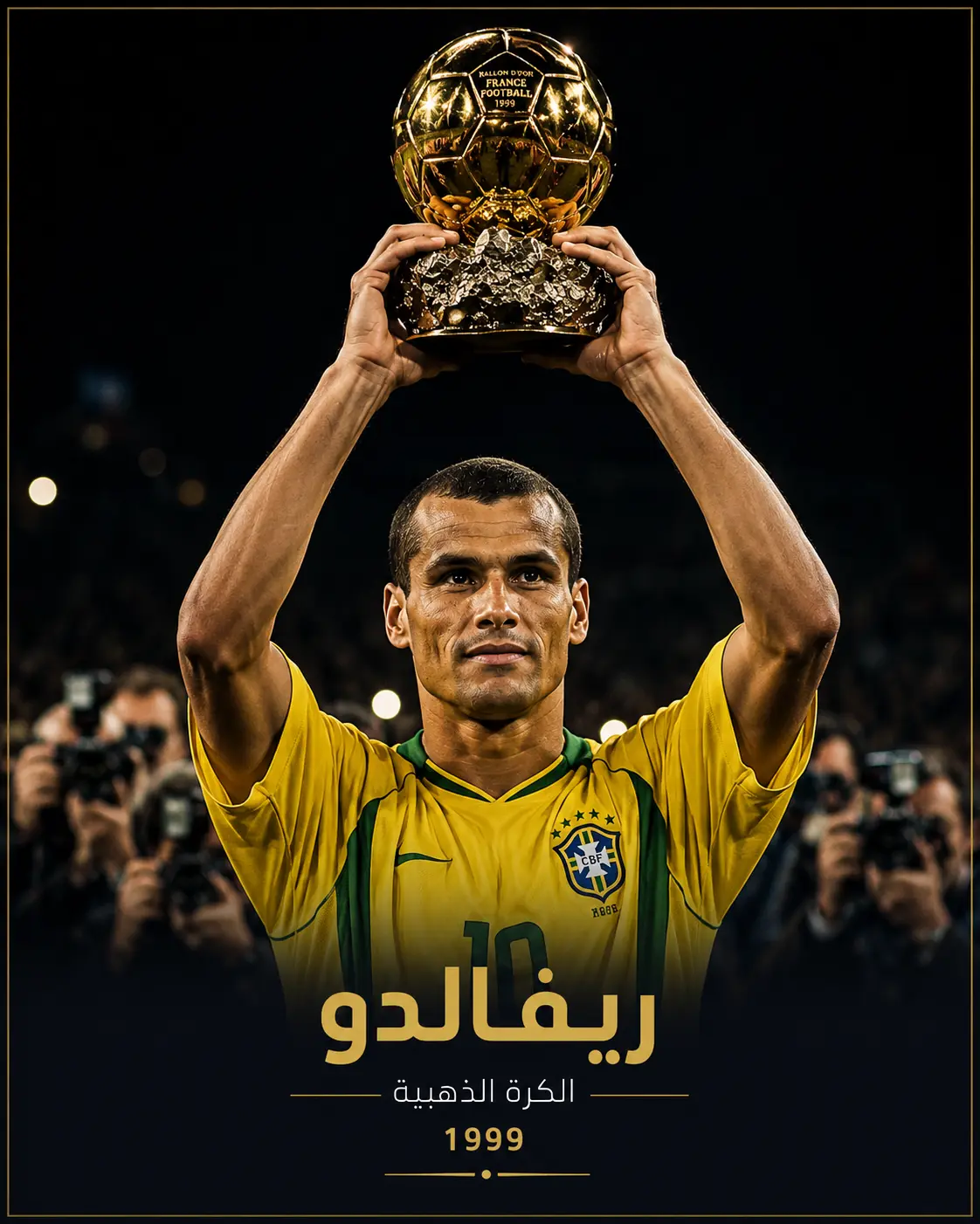 لاعب كرة قدم برازيلي يرتدي قميص المنتخب يرفع الكرة الذهبية عالياً داخل ملعب مظلم بإضاءة درامية، مع خلفية من الجماهير والمصورين، في لقطة تجسد فوزه بجائزة أفضل لاعب في العالم عام 1999.
