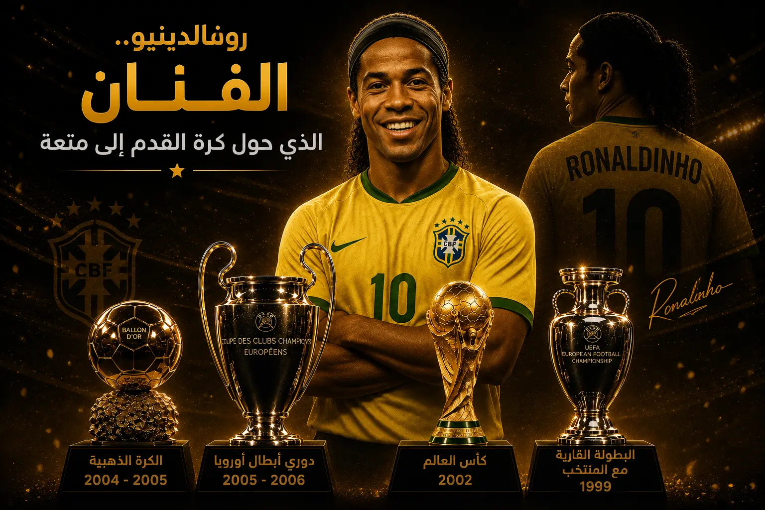 تصميم بوستر رياضي احترافي للنجم البرازيلي رونالدينيو، يظهر في المنتصف بإضاءة ذهبية درامية مرتديًا قميص البرازيل، وخلفه لقطة جانبية له. أمامه مجموعة من أبرز البطولات التي حققها: كأس العالم 2002، الكرة الذهبية 2004 و2005، دوري أبطال أوروبا 2005-2006، وكأس البطولة القارية مع المنتخب 1999، مع خلفية داكنة وتوهج ذهبي يعكس العظمة والإنجاز.