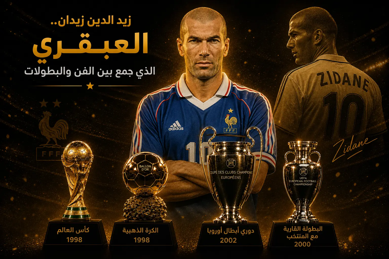 بوستر رياضي بتصميم سينمائي للنجم الفرنسي زين الدين زيدان، يظهر في المنتصف بإضاءة ذهبية قوية مرتديًا قميص منتخب فرنسا، مع لقطة جانبية له في الخلف. أمامه أبرز البطولات التي حققها: كأس العالم 1998، الكرة الذهبية 1998، دوري أبطال أوروبا 2002، وكأس البطولة القارية مع المنتخب 2000، مع خلفية داكنة وتأثيرات ضوئية ذهبية تعكس العظمة والهيبة الكروية.