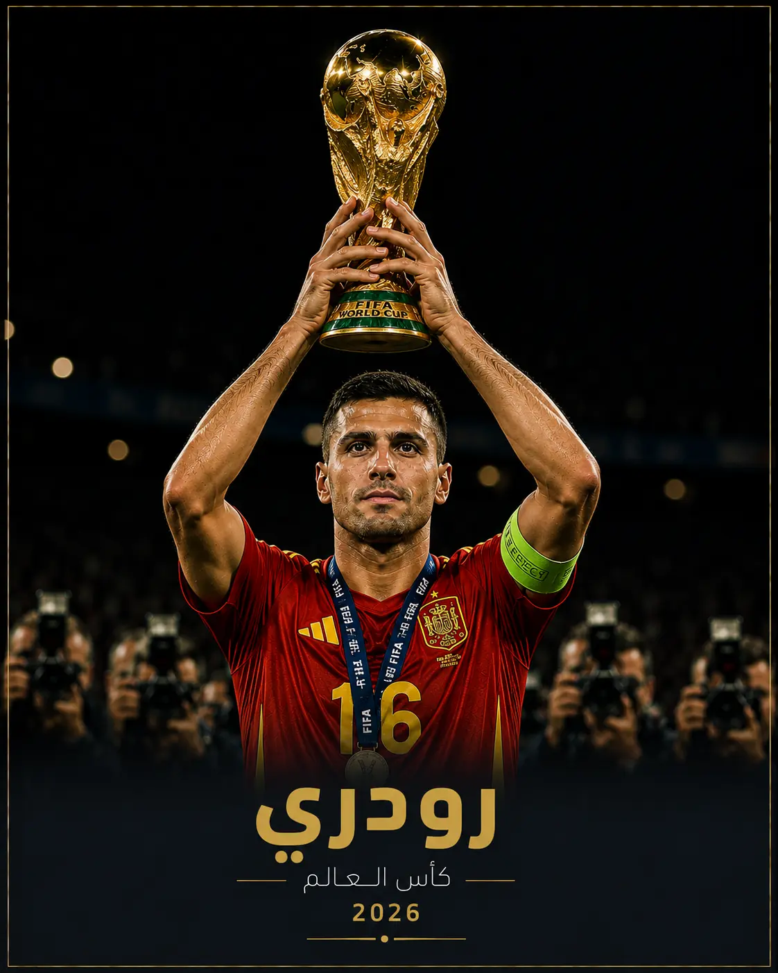 لاعب كرة قدم يرتدي قميص منتخب إسبانيا يرفع كأس العالم فوق رأسه داخل ملعب مظلم مع أضواء الكاميرات، تصميم ملصق رياضي بخلفية سوداء ولمسات ذهبية مكتوب عليه رودري وكأس العالم 2026.