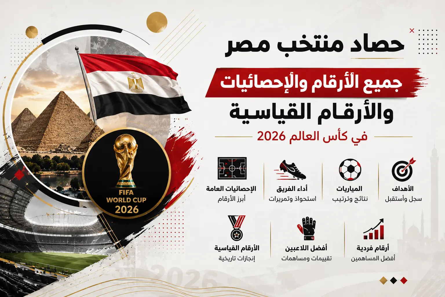 إنفوجرافيك رياضي حديث يوضح كأس العالم 2026 حصاد منتخب مصر مع إبراز الإحصائيات والأرقام القياسية للفريق باستخدام أيقونات وتحليلات بصرية بدون لاعبين، بأسلوب مختلف عن الصورة الرئيسية.