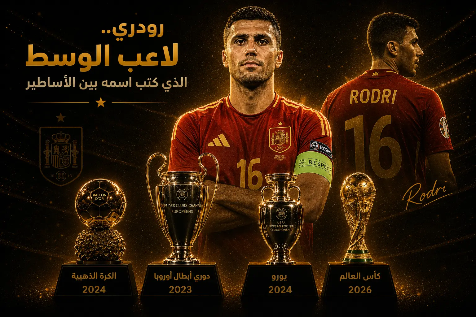 ملصق رياضي بتصميم سينمائي بخلفية سوداء ولمسات ذهبية يظهر لاعب كرة قدم يرتدي قميص منتخب إسبانيا في المنتصف مع وضعية ذراعين متقاطعين، وخلفه نسخة جانبية له، وأمامه أربع بطولات كبرى: الكرة الذهبية 2024، دوري أبطال أوروبا 2023، يورو 2024، وكأس العالم 2026، مع إضاءة درامية ونص عربي فاخر يبرز إنجازاته التاريخية.