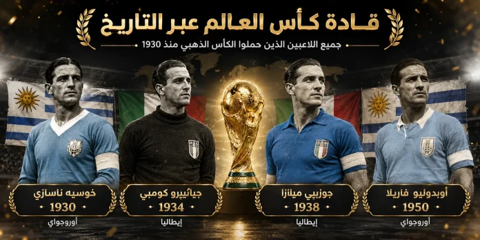 قادة كأس العالم عبر التاريخ | جميع اللاعبين الذين حملوا الكأس الذهبي منذ 1930 تصميم يضم أبرز قادة كأس العالم الذين نجحوا في رفع الكأس الذهبي منذ نسخة 1930 وحتى كأس العالم 2026.