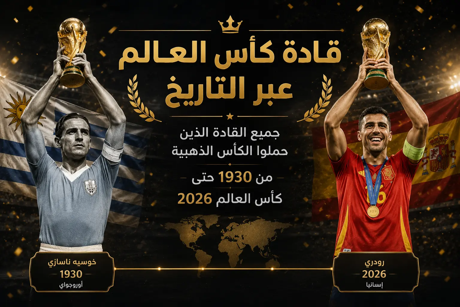 تصميم يجمع خوسيه ناسازي ورودري وهما يرفعان الكأس الذهبي، في تجسيد لتاريخ قادة كأس العالم من 1930 حتى كأس العالم 2026.