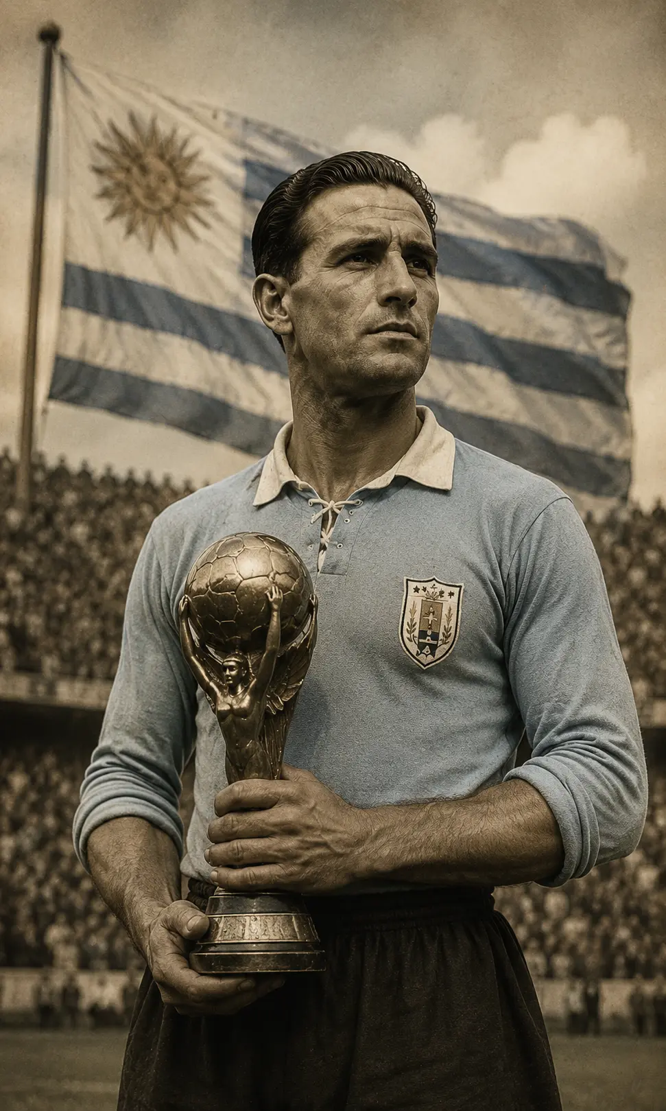 تصميم تاريخي لخوسيه ناسازي، أول قائد في قائمة قادة كأس العالم، يحمل الكأس الذهبي بقميص منتخب أوروجواي خلال التتويج بلقب كأس العالم 1930.