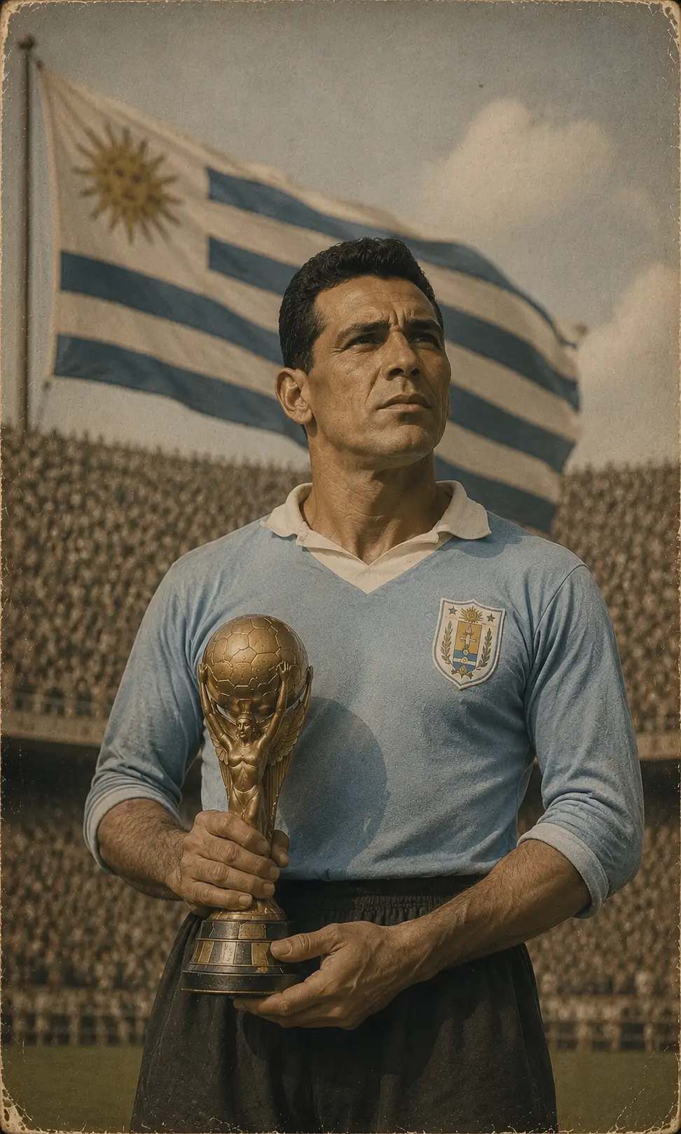 تصميم تاريخي لأوبدوليو فاريلا، أحد أشهر قادة كأس العالم، يحمل الكأس الذهبي بقميص منتخب أوروجواي بعد التتويج بلقب كأس العالم 1950.