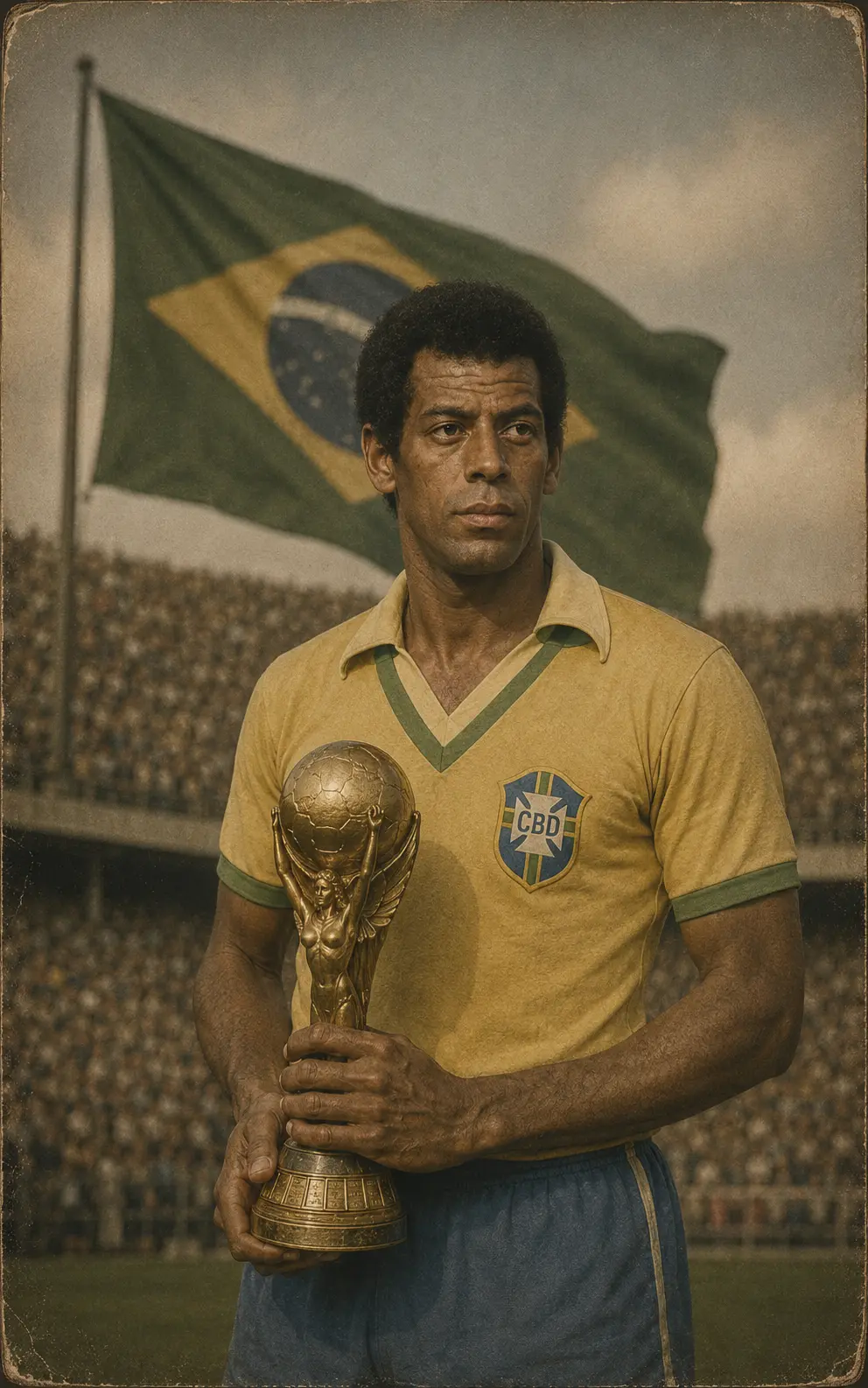 تصميم تاريخي لكارلوس ألبرتو توريس، أحد أعظم قادة كأس العالم، يحمل الكأس الذهبي بقميص منتخب البرازيل بعد قيادة الجيل الذهبي للتتويج بلقب كأس العالم 1970.