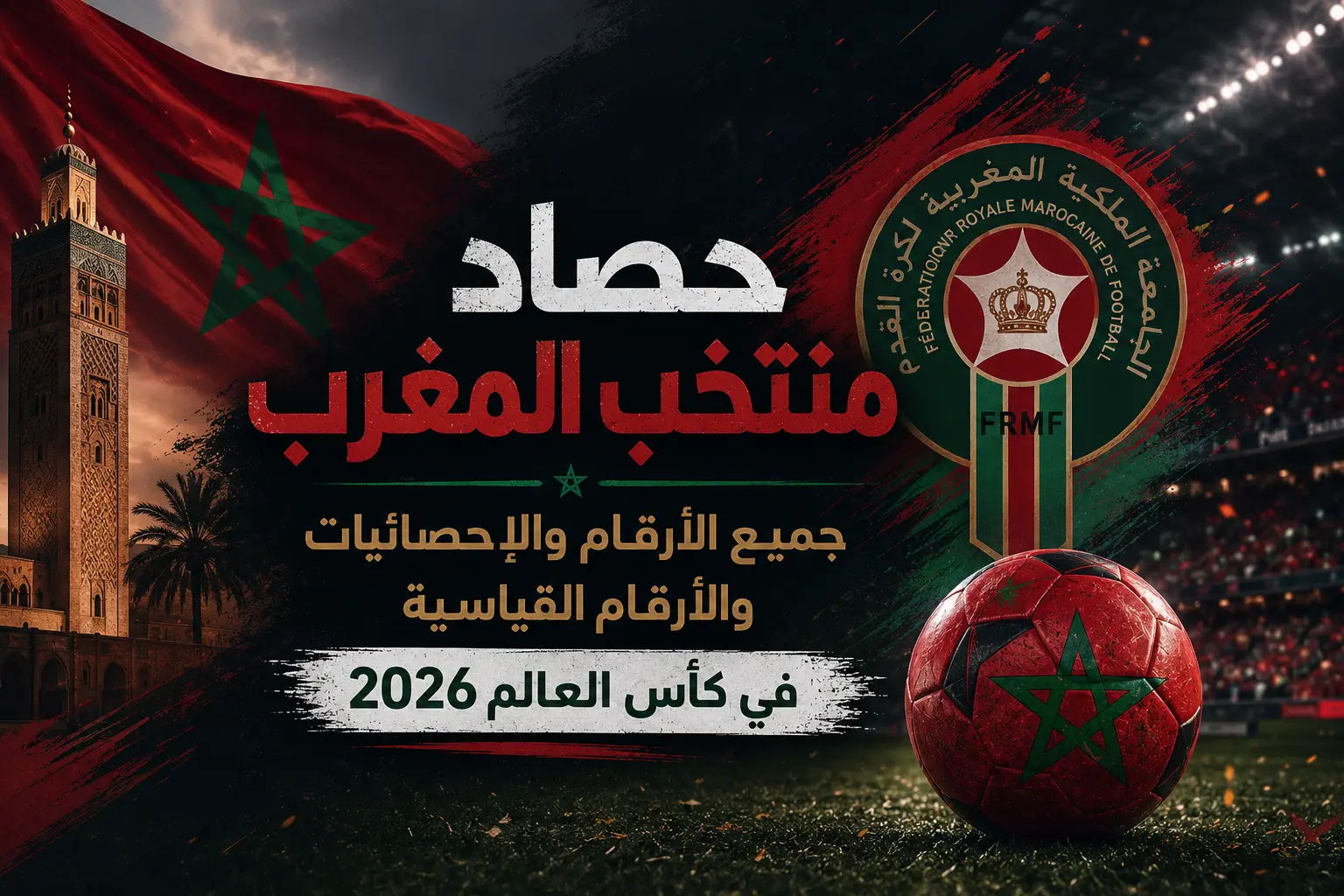 تصميم احترافي بعنوان حصاد منتخب المغرب يظهر عناصر بصرية مستوحاة من منتخب المغرب داخل ملعب كرة قدم بإضاءة درامية، مع خلفية علم المغرب وشعار الاتحاد، ويعكس أجواء بطولة كأس العالم 2026، حيث يبرز فكرة حصاد منتخب المغرب وأداء منتخب المغرب بشكل فني جذاب دون تفاصيل رقمية كثيرة.