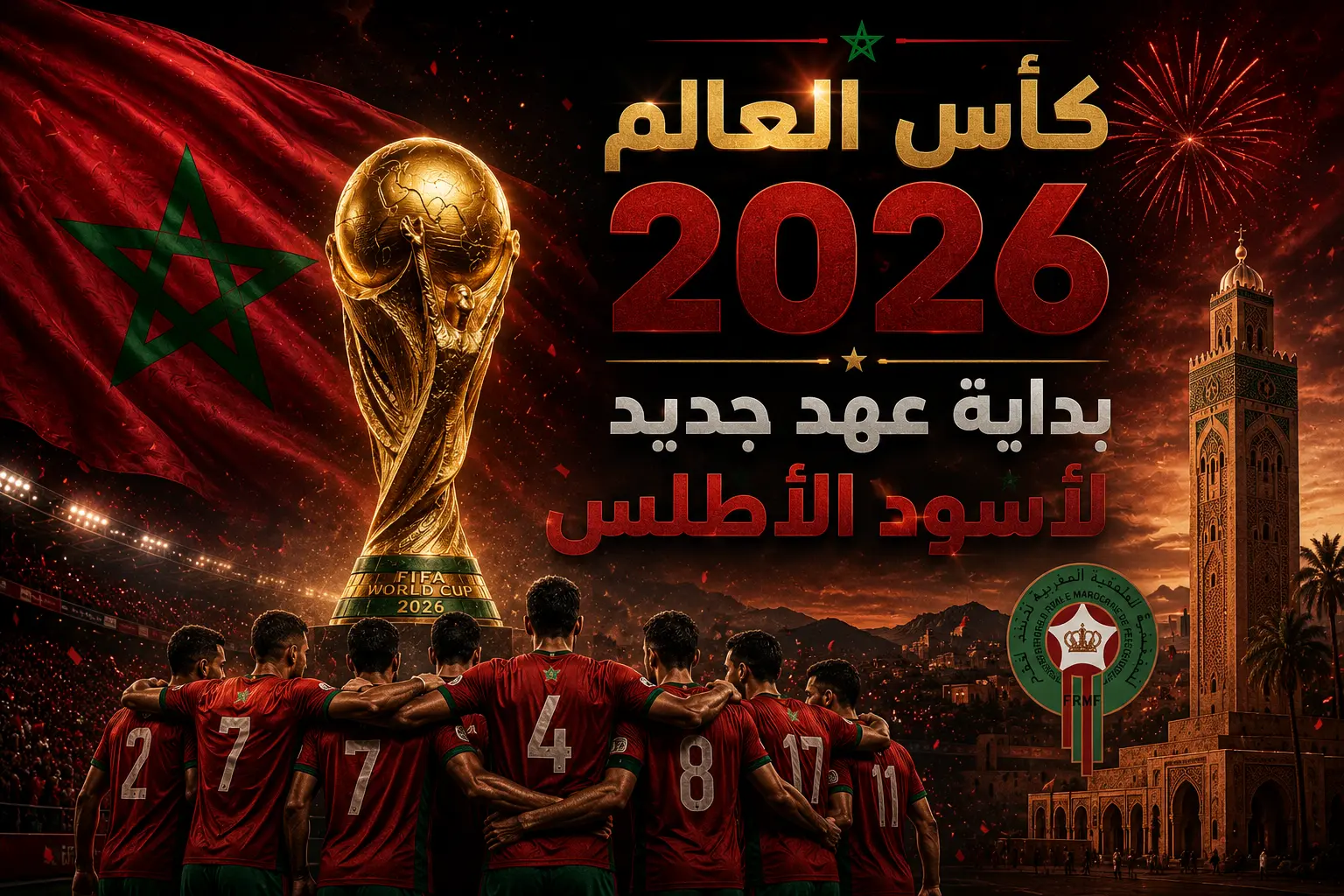 بوستر ختامي درامي بعنوان كأس العالم 2026.. بداية عهد جديد لأسود الأطلس يظهر لاعبي منتخب المغرب من الخلف وهم يقفون متكاتفين داخل ملعب مضاء بالأحمر، أمام كأس العالم الذهبي مع خلفية علم المغرب وأجواء احتفالية بالألعاب النارية ومعالم مغربية، في تصميم ملحمي يرمز لبداية مرحلة جديدة للمنتخب.