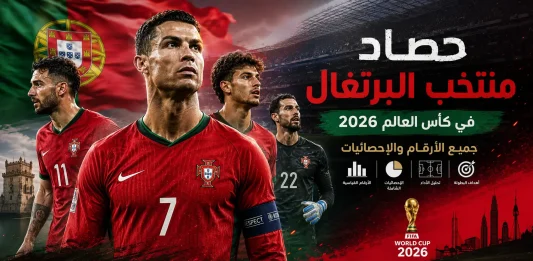 حصاد منتخب البرتغال في كأس العالم 2026، تصميم رياضي احترافي يبرز نجوم منتخب البرتغال يتقدمهم القائد مع علم البرتغال في الخلفية، داخل ملعب كرة قدم، مع عنوان "جميع الأرقام والإحصائيات" وشعار كأس العالم 2026.