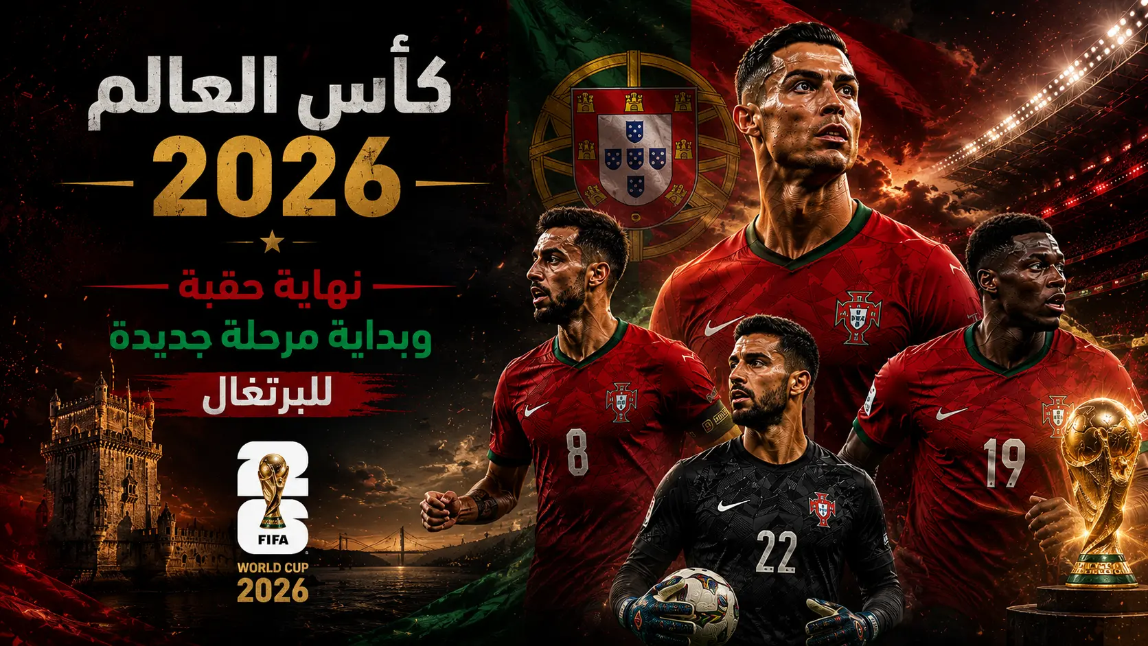 كأس العالم 2026.. نهاية حقبة وبداية مرحلة جديدة للبرتغال، تصميم رياضي احترافي يبرز منتخب البرتغال بقيادة كريستيانو رونالدو إلى جانب ديوجو كوستا وبرونو فيرنانديز ونونو مينديز، مع علم البرتغال وشعار الاتحاد البرتغالي وكأس العالم وخلفية ملعب ومعالم لشبونة، في تصميم يرمز إلى انتقال منتخب البرتغال نحو جيل جديد بعد مونديال 2026.