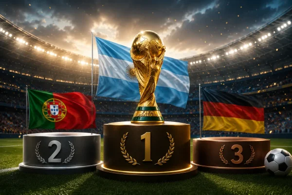 تصميم رياضي يرمز إلى سباق صدارة قائمة أكثر اللاعبين مشاركة في كأس العالم مع كأس البطولة ومنصات المراكز الثلاثة الأولى.