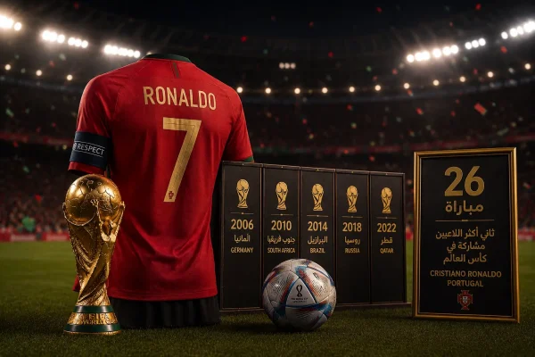 تصميم رياضي يرمز إلى مسيرة كريستيانو رونالدو في كأس العالم، مع قميص منتخب البرتغال وكأس البطولة، احتفاءً بحلوله ثانيًا في قائمة أكثر اللاعبين مشاركة في كأس العالم.