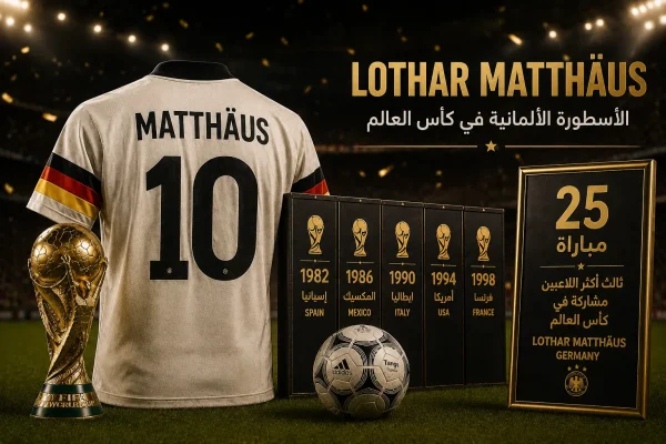 تصميم رياضي يرمز إلى مسيرة لوثار ماتيوس في كأس العالم، مع قميص منتخب ألمانيا وكأس البطولة، احتفاءً بوجوده ضمن أكثر اللاعبين مشاركة في كأس العالم.