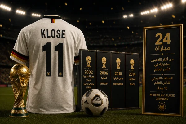 تصميم رياضي يبرز قميص منتخب ألمانيا وكأس العالم احتفاءً بإنجاز ميروسلاف كلوزه، الهداف التاريخي للمونديال وأحد أكثر اللاعبين مشاركة في كأس العالم.