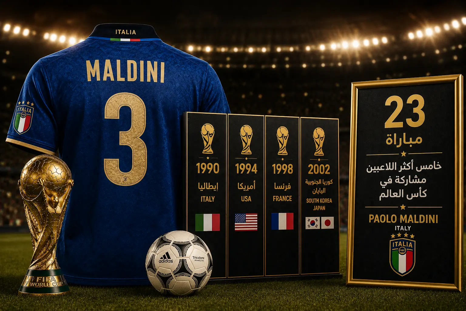 تصميم رياضي يبرز قميص منتخب إيطاليا وكأس العالم احتفاءً بمسيرة باولو مالديني، أحد أكثر اللاعبين مشاركة في كأس العالم عبر التاريخ.