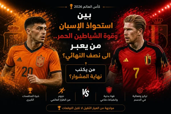 بوستر ختامي لمباراة إسبانيا وبلجيكا في ربع نهائي كأس العالم 2026، بعنوان: «بين استحواذ الإسبان وقوة الشياطين الحمر.. من يعبر إلى نصف النهائي؟» ويتضمن عبارة «من يكتب نهاية المشوار؟» مع ظهور لاعبين من المنتخبين وخلفية بألوان إسبانيا البرتقالية وبلجيكا الحمراء.