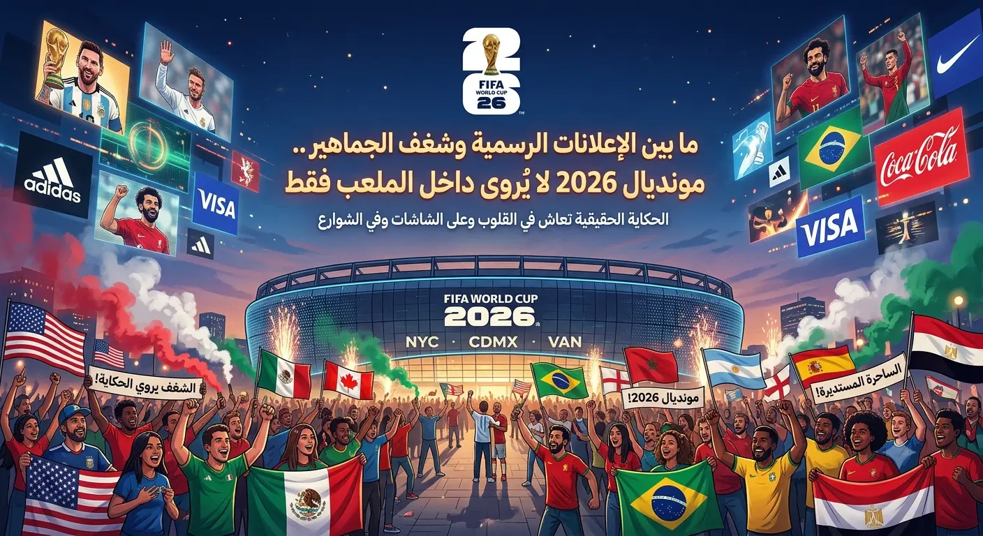 ملصق فني حماسي لخاتمة مقالة، يدمج بين إعلانات مونديال 2026 الرسمية وشغف الجماهير. في الجزء العلوي، تظهر لوحات رقمية مضيئة تعرض صوراً للنجوم ميسي، بيكهام، صلاح، ونيمار مع كؤوس العالم وشعارات الشركات الراعية مثل أديداس، كوكاكولا، وفيزا، مع شعار كأس العالم 2026 الرسمي. وتحت هذه اللوحات مباشرة، يظهر عنوان المقالة بخط عربي ذهبي كبير: "ما بين الإعلانات الرسمية وشغف الجماهير.. مونديال 2026 لا يُروى داخل الملعب فقط"، وتحته النص الفرعي: "الحكاية الحقيقية تعاش في القلوب وعلى الشاشات وفي الشوارع". الجزء السفلي من الصورة يمتلئ بحشد هائل ومتنوع من المشجعين المتحمسين يرفعون أعلام الدول المستضيفة (أمريكا، المكسيك، كندا) وأعلام دول عربية وعالمية (مثل المغرب ومصر وبرازيليا والأرجنتين)، بالإضافة إلى لافتات تحمل عبارات مثل 'الشغف يروي الحكاية'، 'المونديال!'، و'الساحرة المستديرة'. ويظهر في الخلفية ملعب مونديال ضخم ومضاء يحمل اسم البطولة، وسط أجواء احتفالية ليليلة صاخبة بالألوان والألعاب النارية والشماريخ