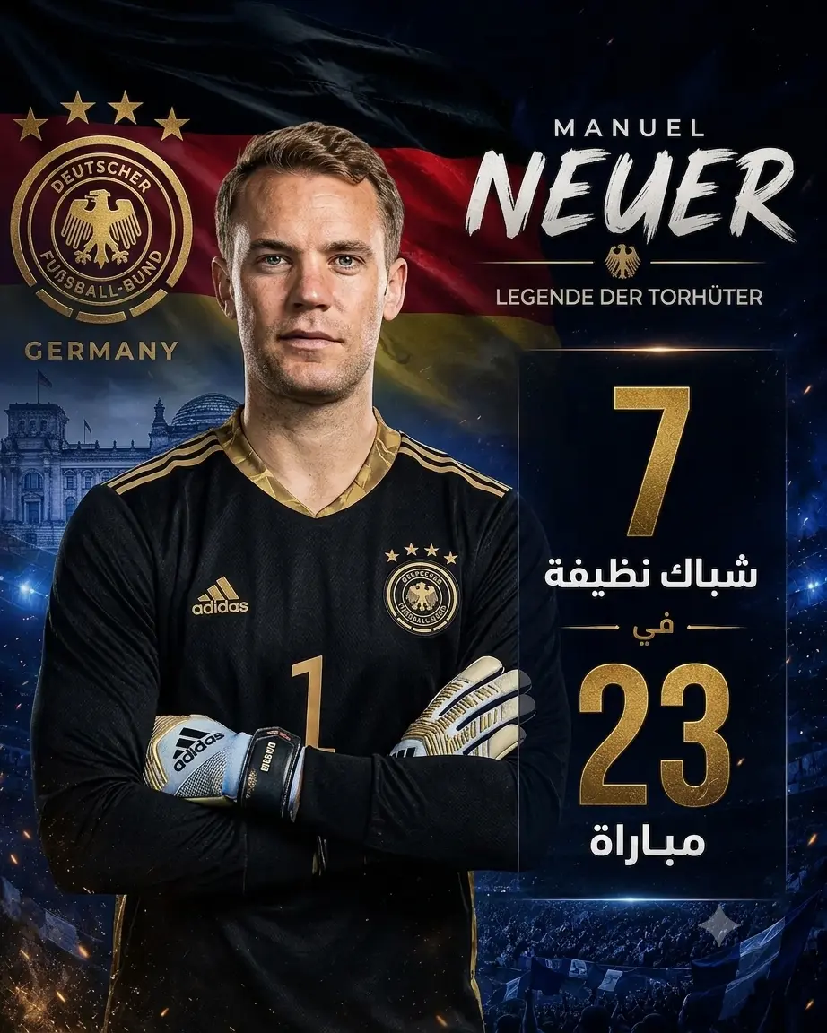 تصميم إنفوجرافيك للحارس الألماني مانويل نوير أمام علم ألمانيا، يوضح حفاظه على نظافة شباكه في 7 مباريات من أصل 23 مباراة خاضها في كأس العالم.