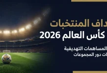 أهداف المنتخبات في كأس العالم 2026 | سجل المساهمات التهديفية لمنتخبات دور المجموعات تصميم رياضي يعرض عبارة "أهداف المنتخبات في كأس العالم 2026" فوق ملعب كرة قدم مضاء ليلاً، مع كرة على أرضية العشب وقائمة جانبية تضم أعلام منتخبات دور المجموعات، بأسلوب أنيق وألوان داكنة مع لمسات ذهبية.