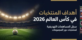 أهداف المنتخبات في كأس العالم 2026 | سجل المساهمات التهديفية لمنتخبات دور المجموعات تصميم رياضي يعرض عبارة "أهداف المنتخبات في كأس العالم 2026" فوق ملعب كرة قدم مضاء ليلاً، مع كرة على أرضية العشب وقائمة جانبية تضم أعلام منتخبات دور المجموعات، بأسلوب أنيق وألوان داكنة مع لمسات ذهبية.