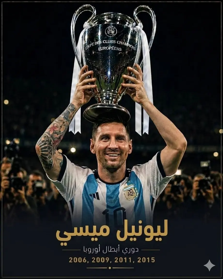 تصميم رياضي مخصص يستعرض أمجاد ميسي الأوروبية؛ حيث يظهر بقميص الأرجنتين رافعاً كأس دوري أبطال أوروبا الفضية ذات الأذنين الطويلتين والمزينة بشريطين بيضاويين على الجانبين، وفي الأسفل يظهر النص الذهبي "ليونيل ميسي"، وتحته عبارة "دوري أبطال أوروبا" مصحوبة بالسنوات التنافسية الأربع المحققة: "2006, 2009, 2011, 2015".