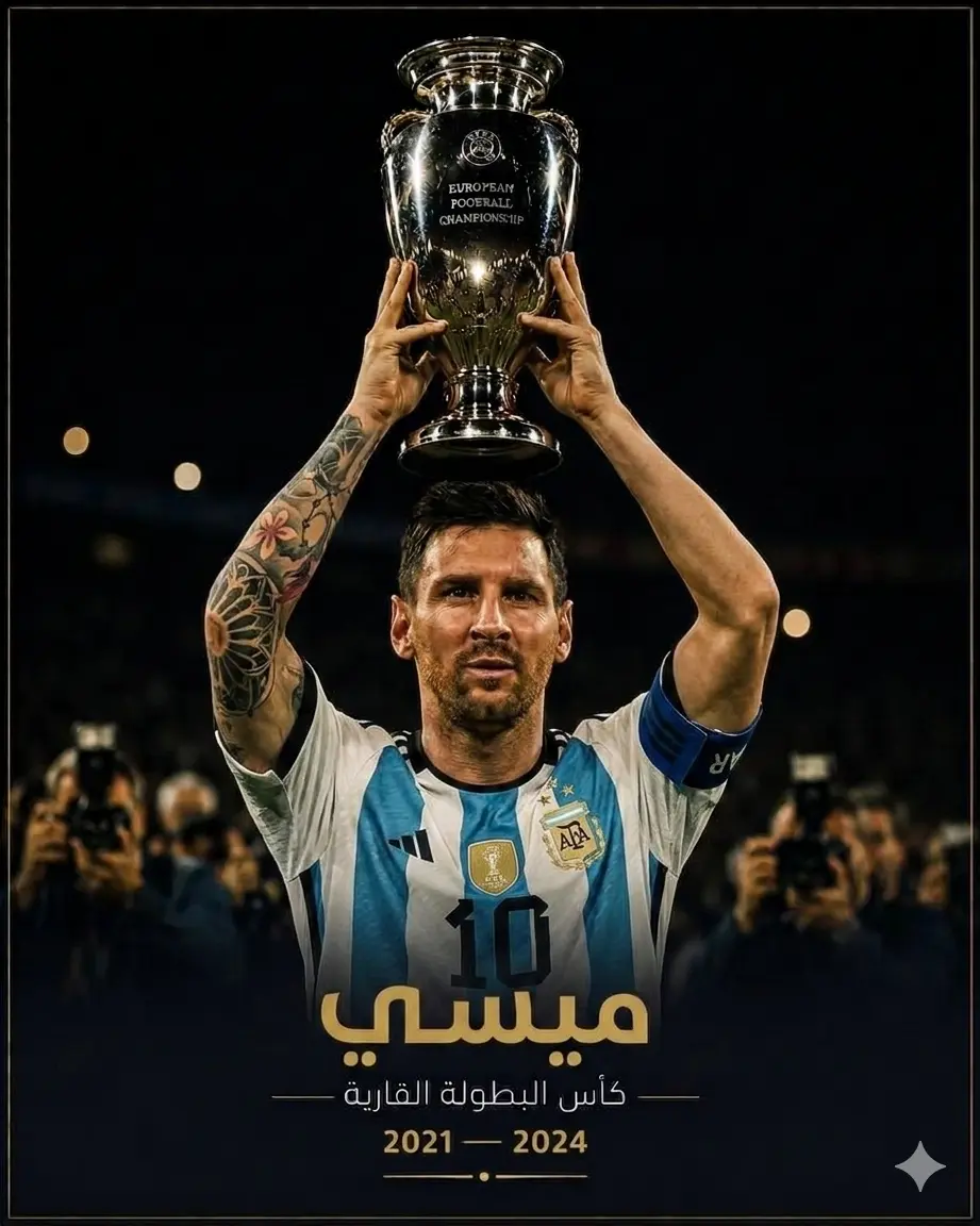  تصميم وثائقي للأسطورة الأرجنتينية ليونيل ميسي مبتسماً بقميص منتخب الأرجنتين (الأبيض والسماوي) الرقم 10، يرفع بكلتا يديه كأس قارية فضية شرفية، ويظهر في الأسفل اسمه مكتوباً بالخط الذهبي الأنيق "ليونيل ميسي"، وتحته عبارة "كأس البطولة القارية" مع التواريخ "2021 — 2024".