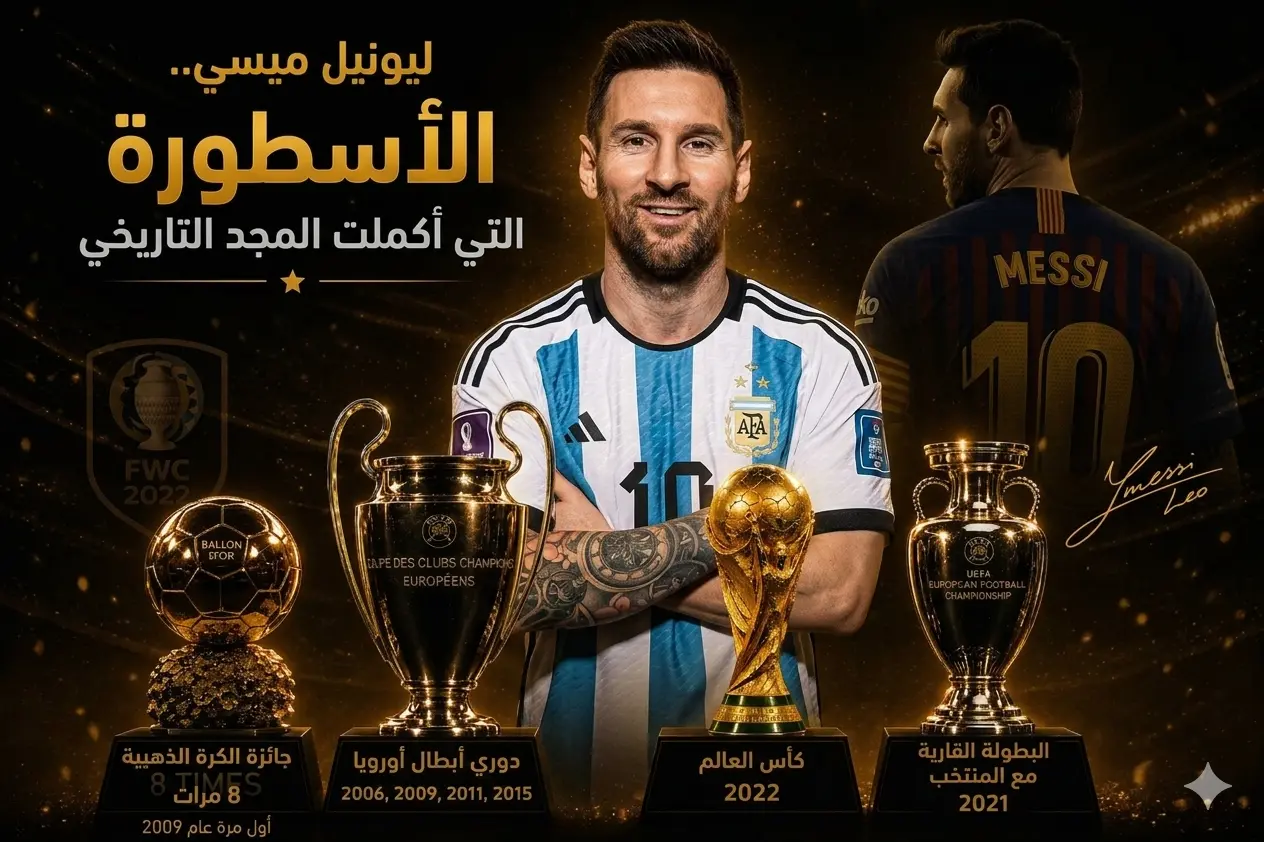  تصميم احترافي فاخر باللونين الأسود والذهبي يستعرض الأركان الأربعة الكبرى للبرغوث الأرجنتيني ليونيل ميسي. يظهر ميسي في المنتصف مبتسماً بقميص منتخب الأرجنتين الأبيض والسماوي الرقم 10، وفي أعلى اليمين تظهر لقطة جانبية له بقميص نادي برشلونة التاريخي يحمل اسمه ورقمه مع توقيعه الشخصي "Leo Messi". في الجزء العلوي الأيسر، كُتب بالخط الذهبي الأنيق "ليونيل ميسي.. الأسطورة التي أكملت المجد التاريخي" تعلوها نجمة شرفية وشعار كأس العالم 2022 باللون الأسود الخافت. في المقدمة، تصطف الكؤوس والجوائز الأربع على منصات سوداء كالتالي: من اليمين، كأس البطولة القارية مع عبارة "البطولة القارية مع المنتخب 2021"، تليها كأس العالم الذهبية الأصلية مع عبارة "كأس العالم 2022"، ثم كأس دوري أبطال أوروبا ذات الأذنين مع التواريخ "2006, 2009, 2011, 2015"، وأخيراً على اليسار جائزة الكرة الذهبية مع عبارة "جائزة الكرة الذهبية 8 مرات - أول مرة عام 2009".