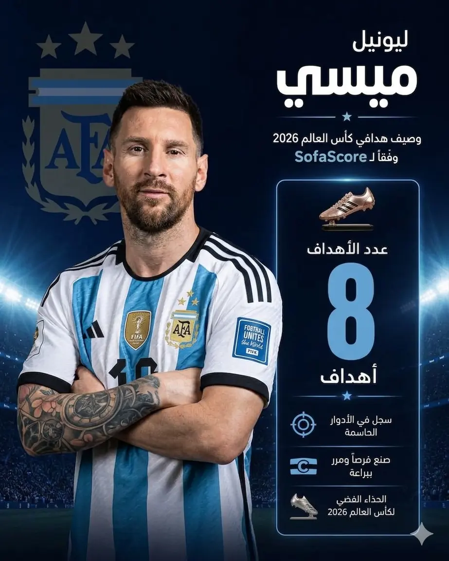 تصميم رياضي احترافي للاعب يشبه ليونيل ميسي بقميص منتخب الأرجنتين، داخل ملعب مضاء، مع إبراز حصوله على الحذاء الفضي في كأس العالم 2026، باستخدام ألوان متناسقة وعناصر جرافيك تعكس الأداء الهجومي والإنجاز الفردي.