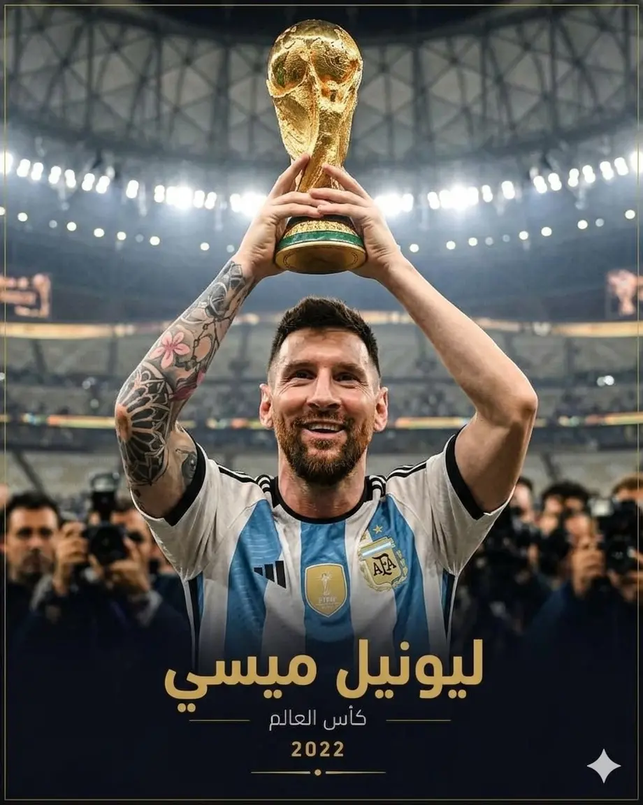 تصميم احترافي للَّاعب ليونيل ميسي بقميص الأرجنتين الرسمي المزين بشعار الاتحاد (AFA)، تظهر على ذراعه الأيمن أوشام ملونة وهو يرفع كأس العالم الذهبية (FIFA World Cup) الأصلية بكلتا يديه فوق رأسه تحت أضواء احتفالية لملعب لوسيل، وفي الأسفل يظهر النص الذهبي "ليونيل ميسي"، وتحته عبارة "كأس العالم - 2022".