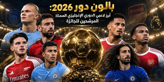 بالون دور 2026: أبرز لاعبي الدوري الإنجليزي الممتاز المرشحين للجائزة تصميم رياضي لكأس بالون دور 2026، يظهر كأس الجائزة في المنتصف داخل ملعب كرة قدم مضاء ليلًا، وحوله هالاند وبرونو فيرنانديز وديكلان رايس وويليام ساليبا وجابرييل ماجالايس ورودري ومارك كوكوريلا، مع إضاءة ذهبية وألوان أندية اللاعبين في الخلفية، وعنوان: «بالون دور 2026: أبرز لاعبي الدوري الإنجليزي الممتاز المرشحين للجائزة