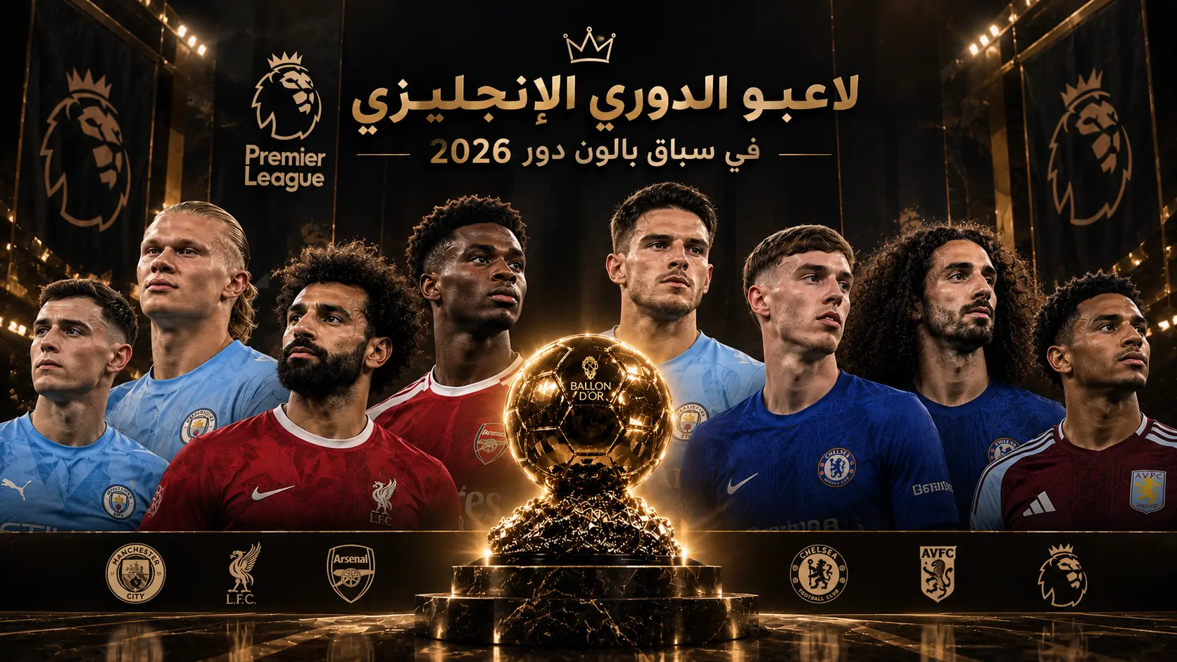 تصميم أفقي سينمائي فاخر يضم أبرز لاعبي الدوري الإنجليزي في سباق بالون دور 2026، يقفون في أجواء حفل جوائز فخم حول كرة ذهبية متوهجة في المنتصف، مع إضاءة ذهبية وملعب مظلم وشعارات الأندية والدوري الإنجليزي في الخلفية. يظهر العنوان أعلى التصميم: «لاعبو الدوري الإنجليزي في سباق بالون دور 2026