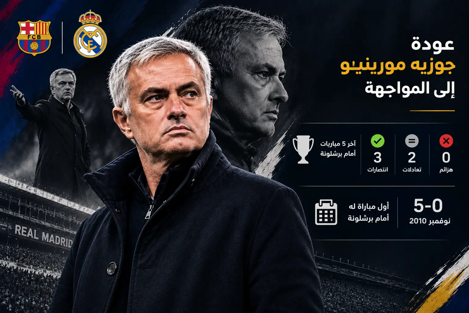 عودة جوزيه مورينيو إلى الكلاسيكو ليواجه مخاوفه "برشلونة" مع ريال مدريد